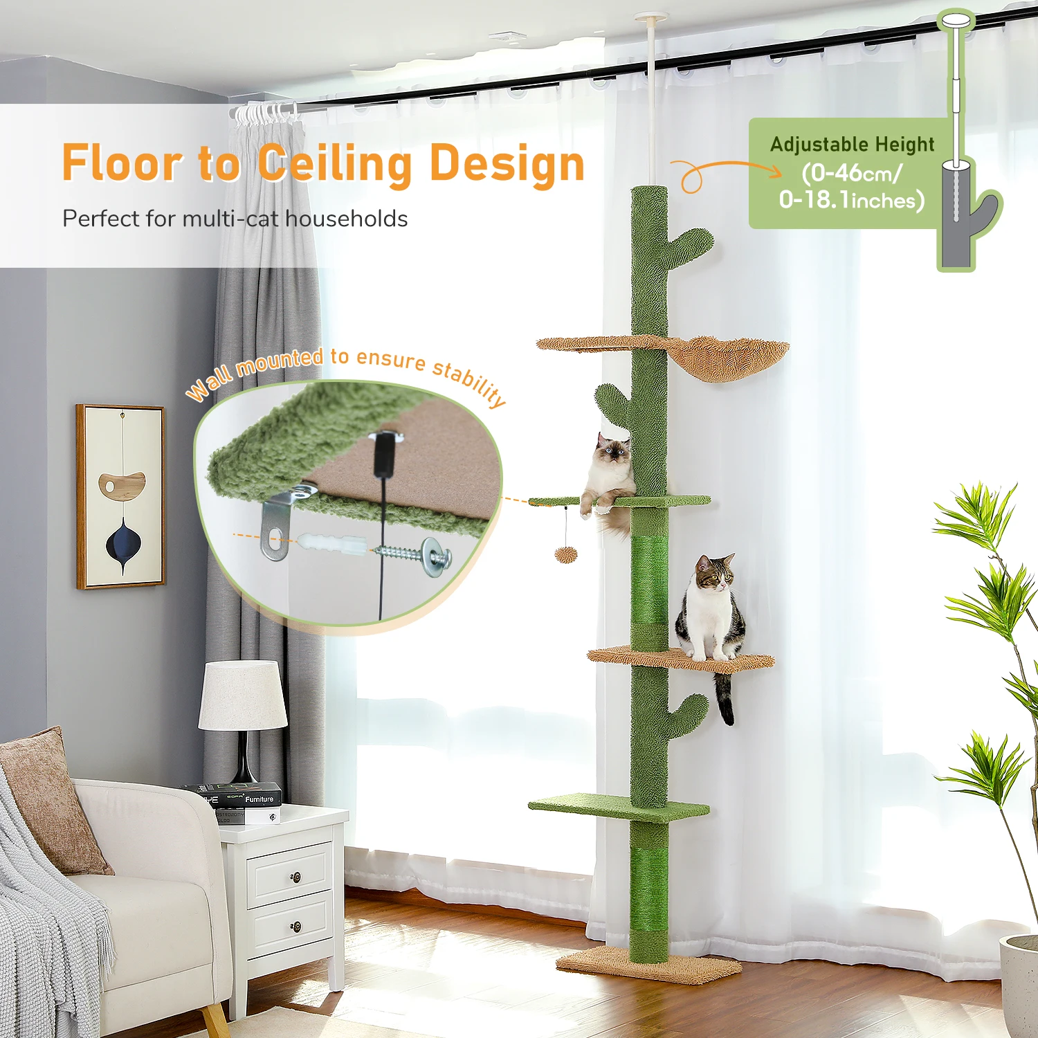 5-Tier Floor to Ceiling Cat Tree Tower Cactus Tall Climbing Tree with Scratching Post Hammock Dangling Ball for Indoor Cats - Image 3