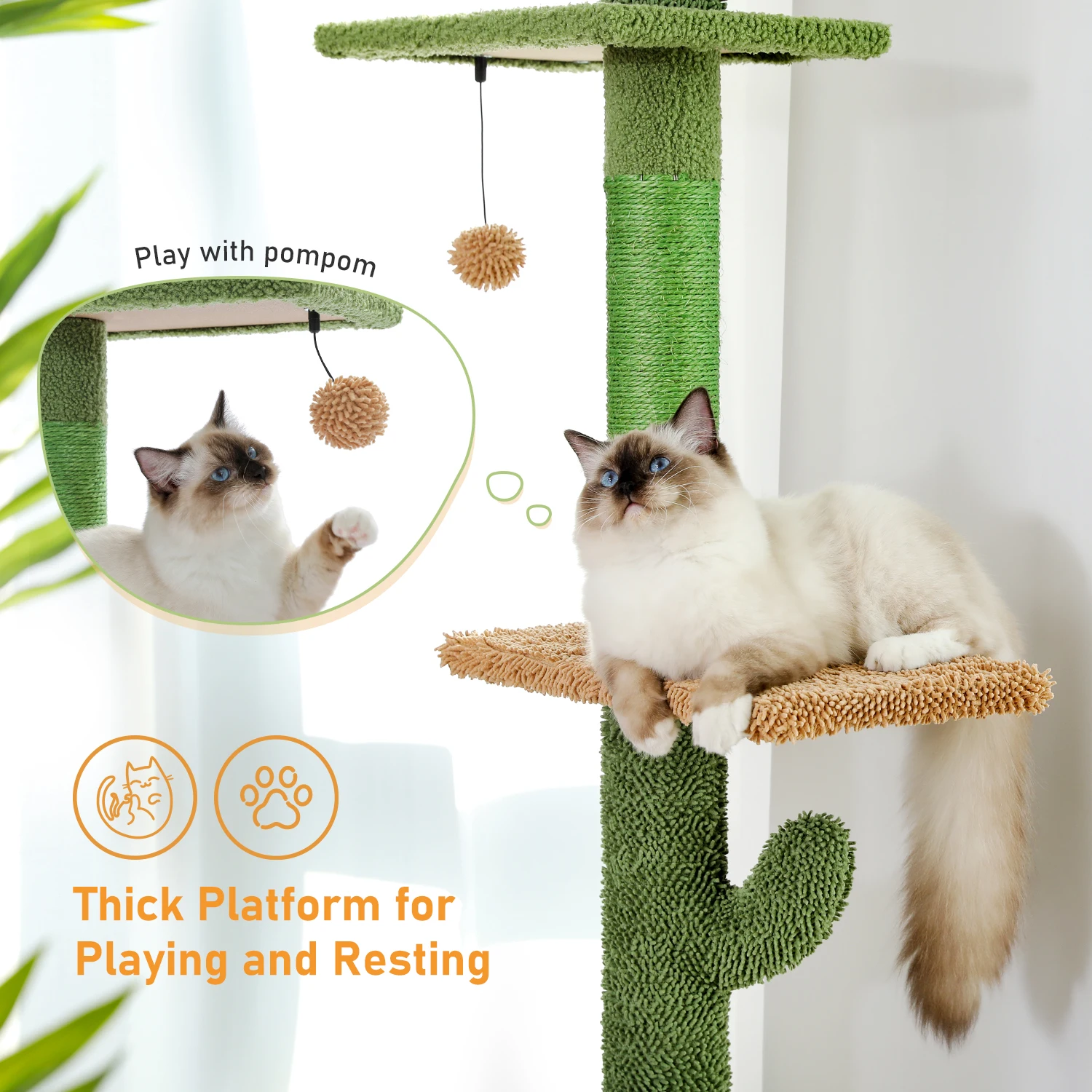 5-Tier Floor to Ceiling Cat Tree Tower Cactus Tall Climbing Tree with Scratching Post Hammock Dangling Ball for Indoor Cats - Image 5