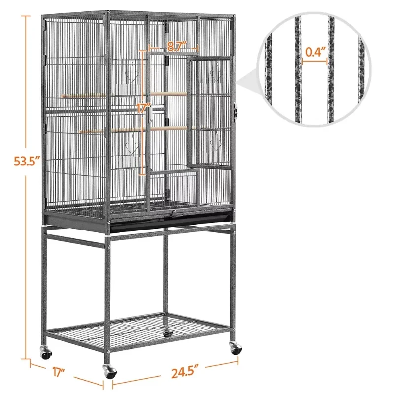 53.7'' Metal Rolling Bird Cage with Stand, 4 Feeding Bowls, and 2 Perches, Black - Image 3