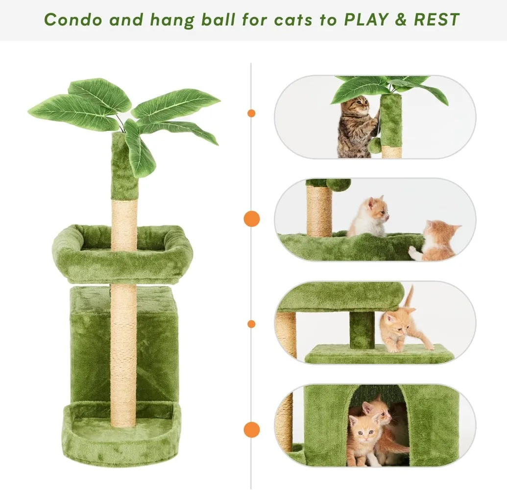 TSCOMON 31.5" Cat Tree / Tower for Indoor Cats with Green Leaves, Cat Condo Cozy Plush Cat House with Hang Ball and Leaf Shape - Image 5