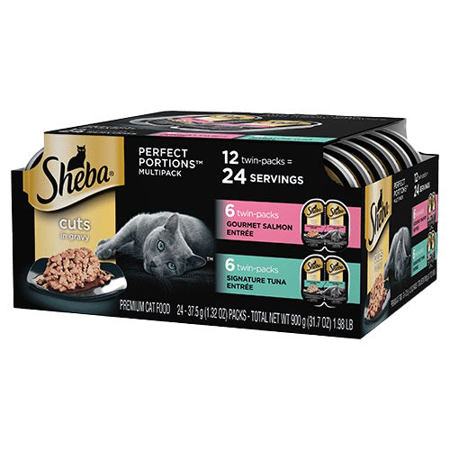 Sheba Perfect Portions Cuts in Gravy Wet Cat Food Variety Pack (Gourmet Salmon, Sustainable Tuna) 2.6oz 12pk