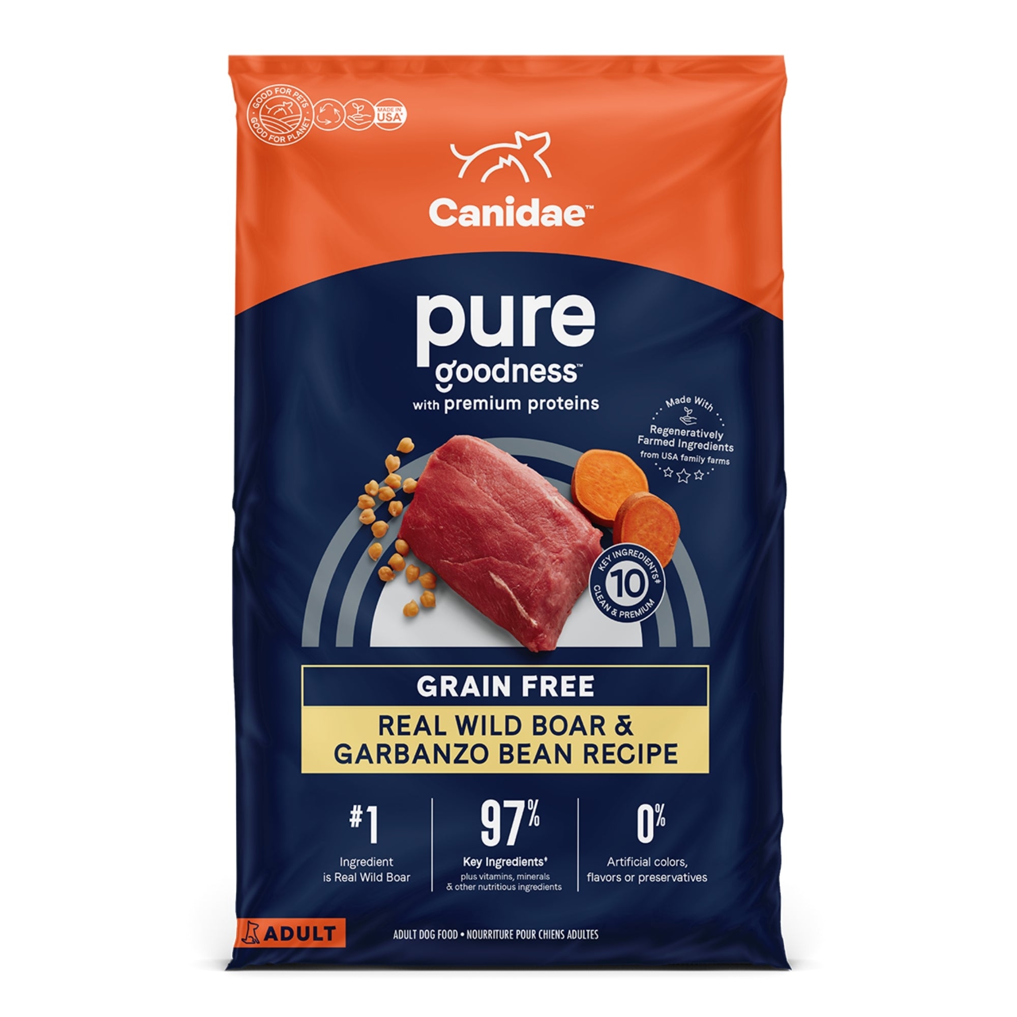 CANIDAE PURE Farm To Bowl GrainFree LID Dry Dog Food Wild Boar Garbanzo Bean, 1ea/22 lb
