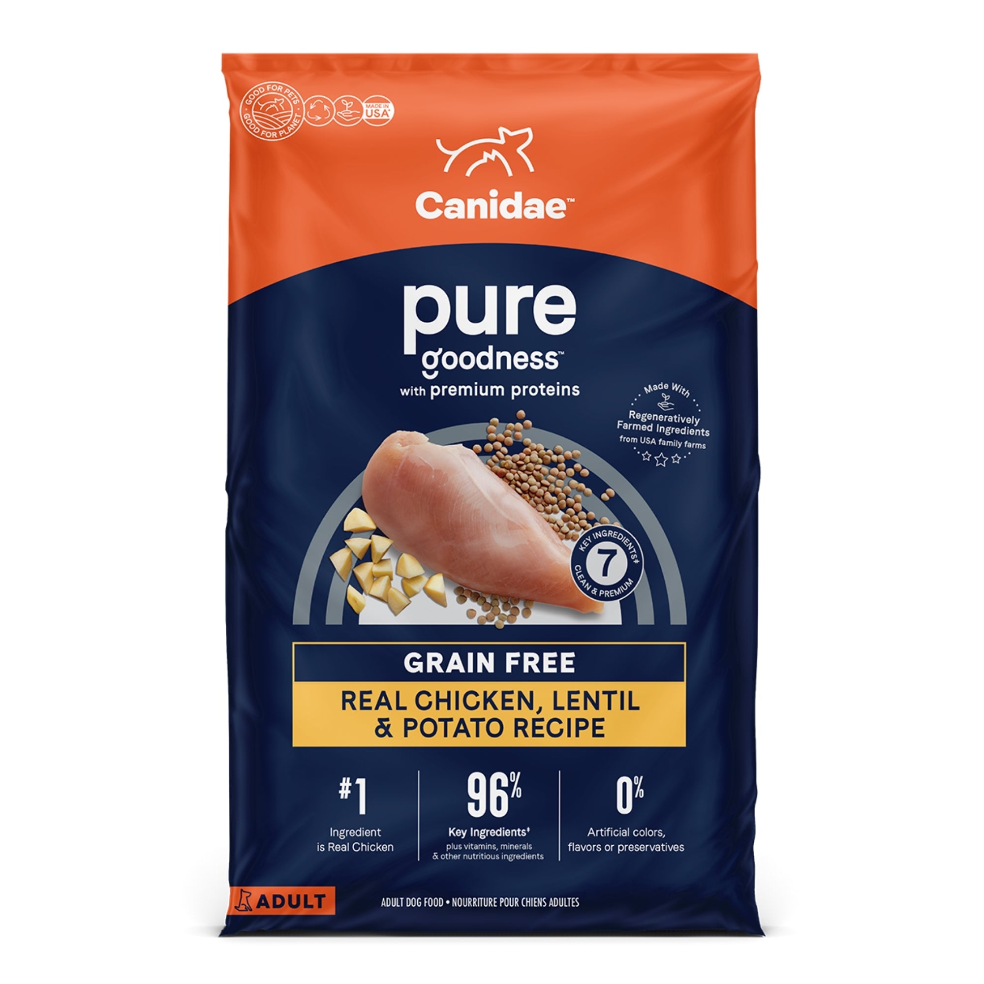 CANIDAE PURE Farm To Bowl GrainFree LID Dry Dog Food Chicken, Lentil Pea, 1ea/4 lb