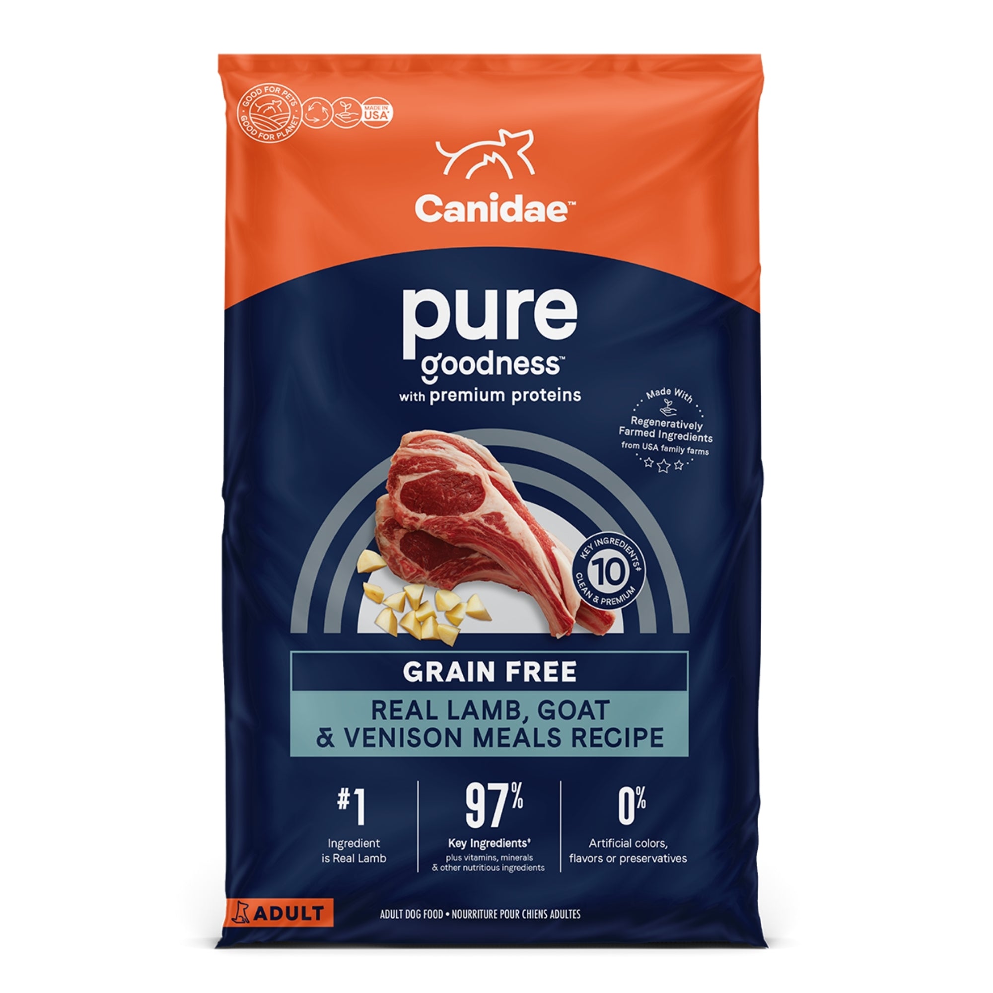 CANIDAE PURE Farm To Bowl GrainFree LID Dry Dog Food Lamb, Goat Venison Meals, 1ea/22 lb