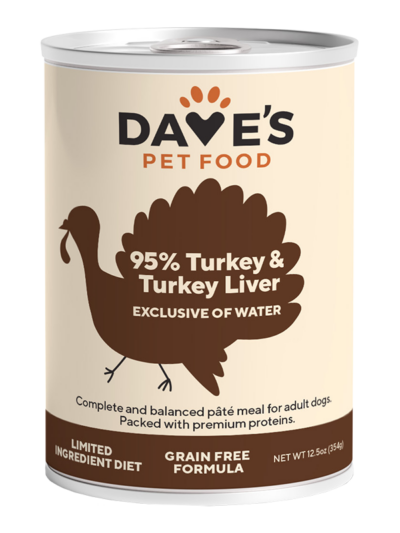 Dave's Pet Food Dog 95% Premium Meats Turkey And Turkey Liver 12.5oz. (Case of 12)