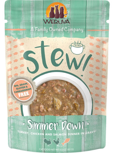 Weruva Cat Stew! Simmer Down Turkey, Chicken & Salmon Dinner in Gravy 3oz. Pouch (Case of 12)