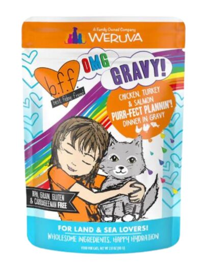 BFF Cat Omg Purr-Fect Plannin! Chicken; Turkey and Salmon Dinner in Gravy 2.8oz. (Case of 12)
