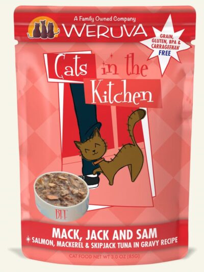 Cats In The Kitchen Mack, Jack & Sam Salmon, Mackerel & Skipjack Tuna in Gravy 3oz. Pouch (Case of 12)