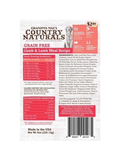 Grandma Mae's Country Naturals Grain Free Dry Dog Food Lamb & Lamb Meal 18ea/9 oz