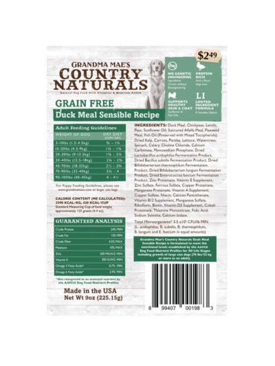 Grandma Mae's Country Naturals Grain Free Dry Dog Food Duck Meal Sensible 18ea/9 oz